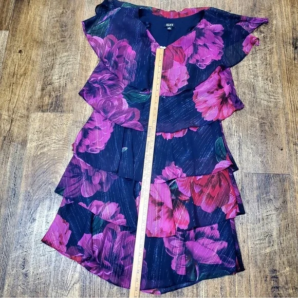 SLNY Womens Floral Flutter Party Sheath Chiffon Dress Black Red Pink Purple 14 - Picture 12 of 12